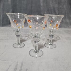 3 Artland Iris Goblet Amber Millefiori Hand Blown Seeded Bubble Glass
